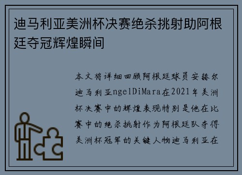 迪马利亚美洲杯决赛绝杀挑射助阿根廷夺冠辉煌瞬间